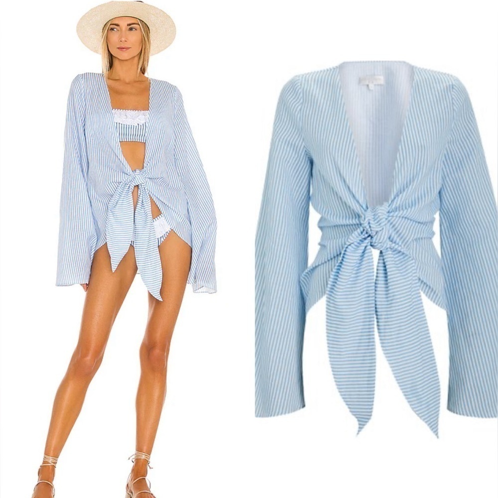Caroline Constas Dune Cover Up Blouse in Blue Linen Stripe